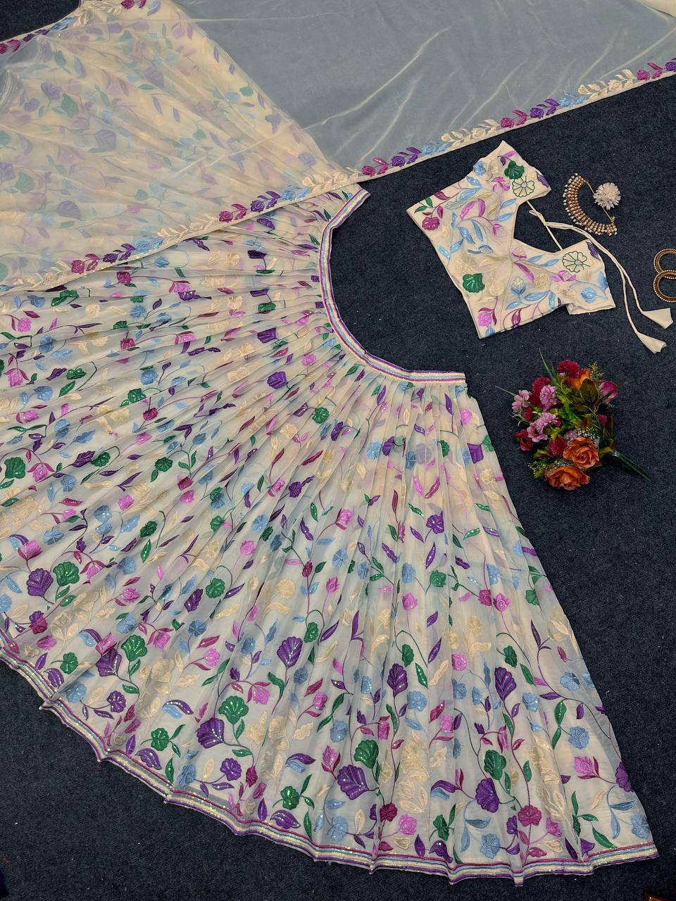 Cream Elegant Tabby Organza Semi-Stitched Lehenga Set with Sequence Work
