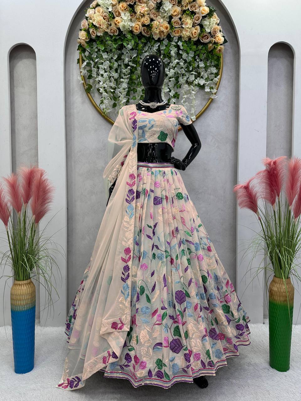 Cream Elegant Tabby Organza Semi-Stitched Lehenga Set with Sequence Work