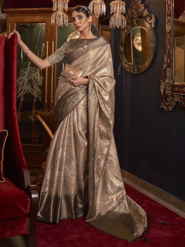 Cream Elegant Tanchoi Woven Banarasi Silk Blend Saree with Blouse Piece