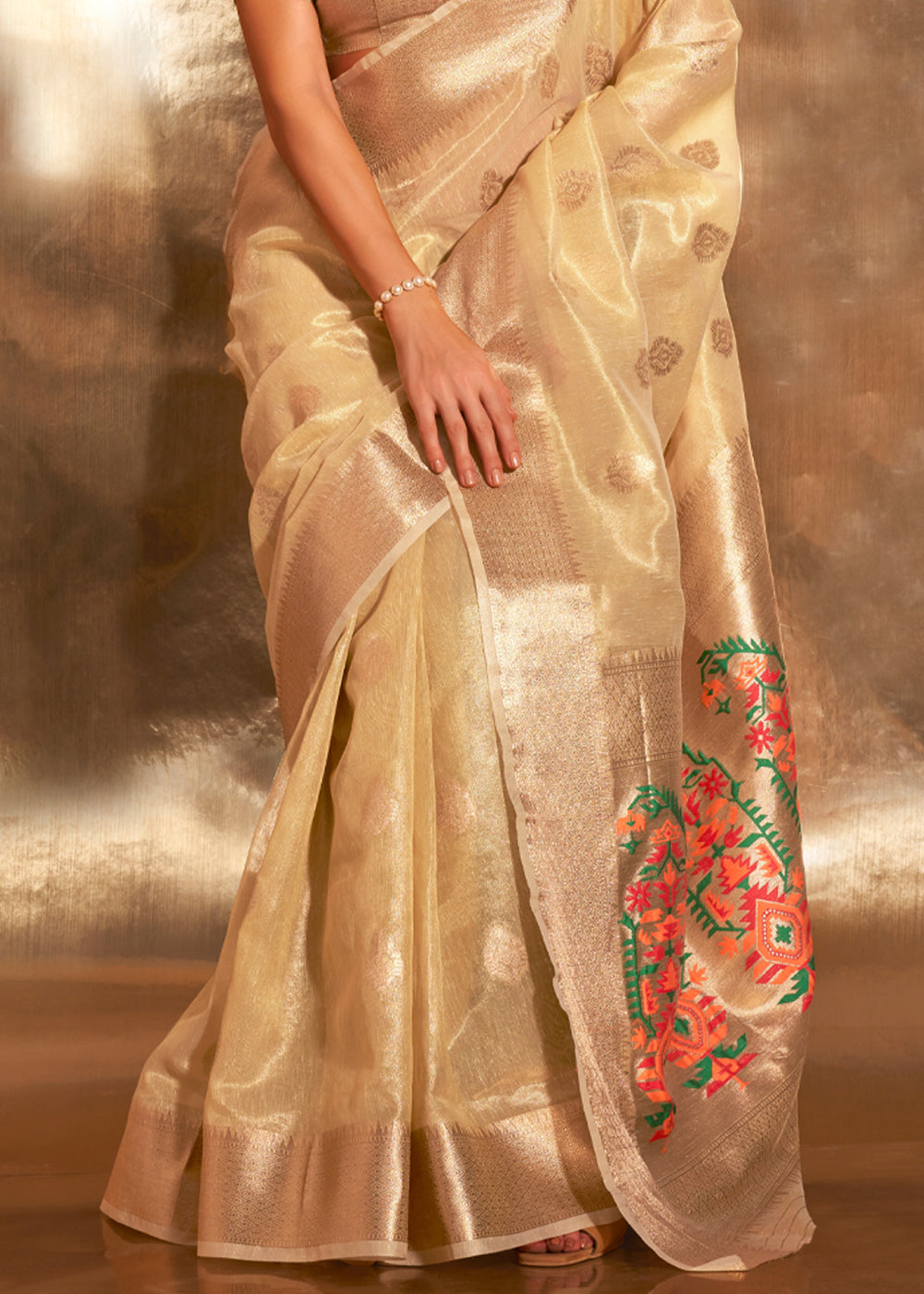Cream Elegant Tissue Paithani Silk Saree with Designer Border & Embroidered Pallu