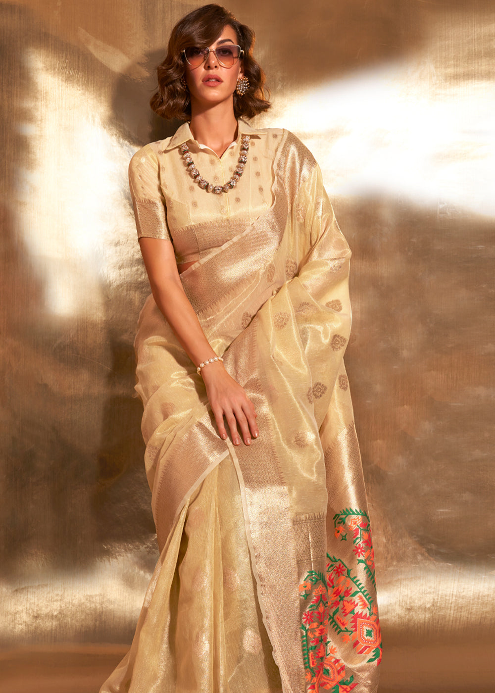 Cream Elegant Tissue Paithani Silk Saree with Designer Border & Embroidered Pallu