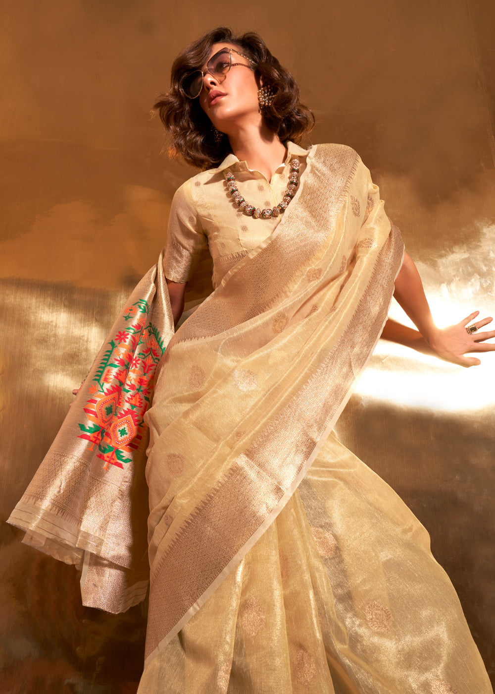 Cream Elegant Tissue Paithani Silk Saree with Designer Border & Embroidered Pallu