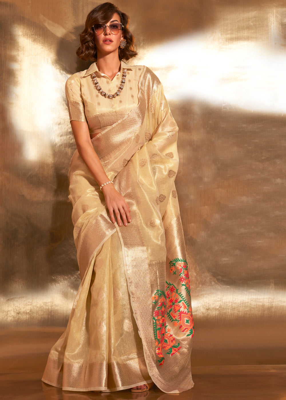 Cream Elegant Tissue Paithani Silk Saree with Designer Border & Embroidered Pallu