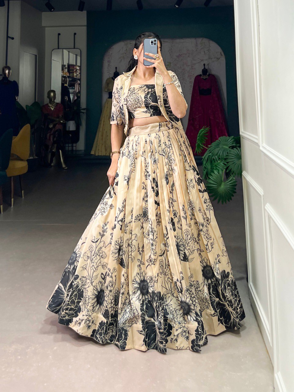 Cream Elegant Tussar Silk Floral Co-ord Set – Lehenga, Blouse & Koti