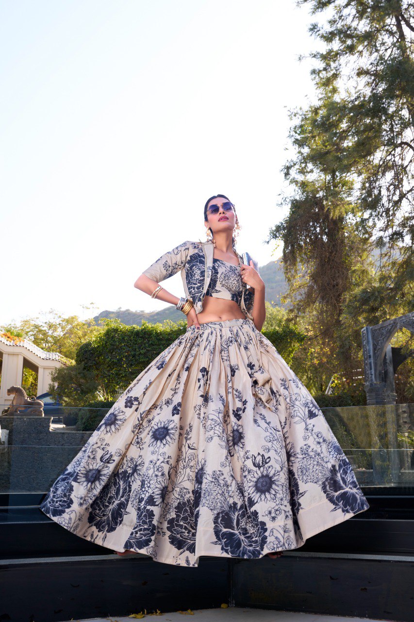Cream Elegant Tussar Silk Floral Co-ord Set – Lehenga, Blouse & Koti