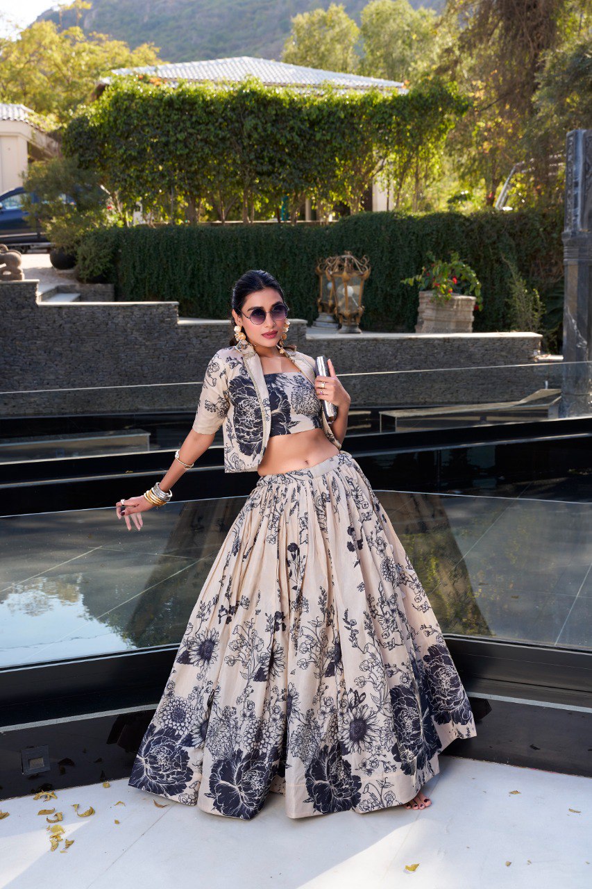 Cream Elegant Tussar Silk Floral Co-ord Set – Lehenga, Blouse & Koti