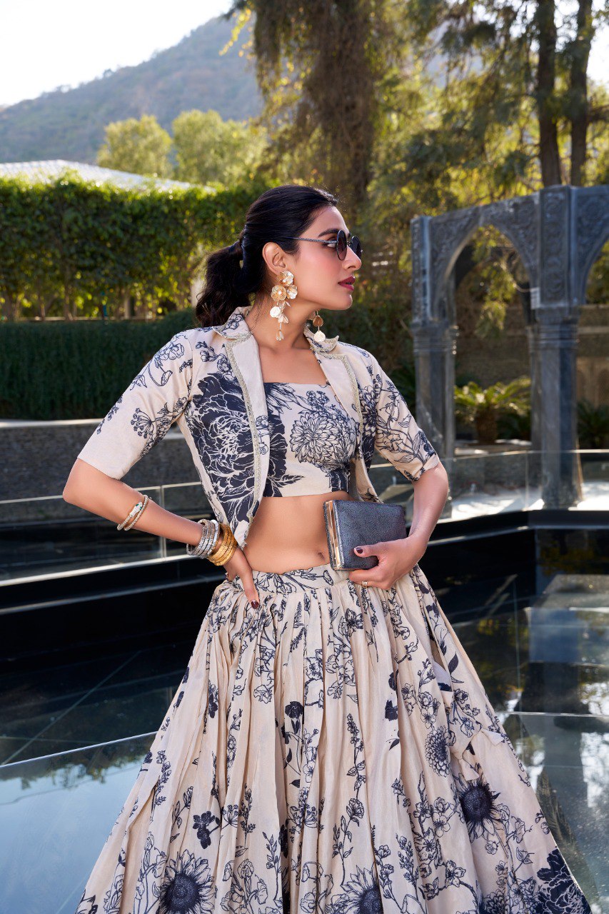 Cream Elegant Tussar Silk Floral Co-ord Set – Lehenga, Blouse & Koti