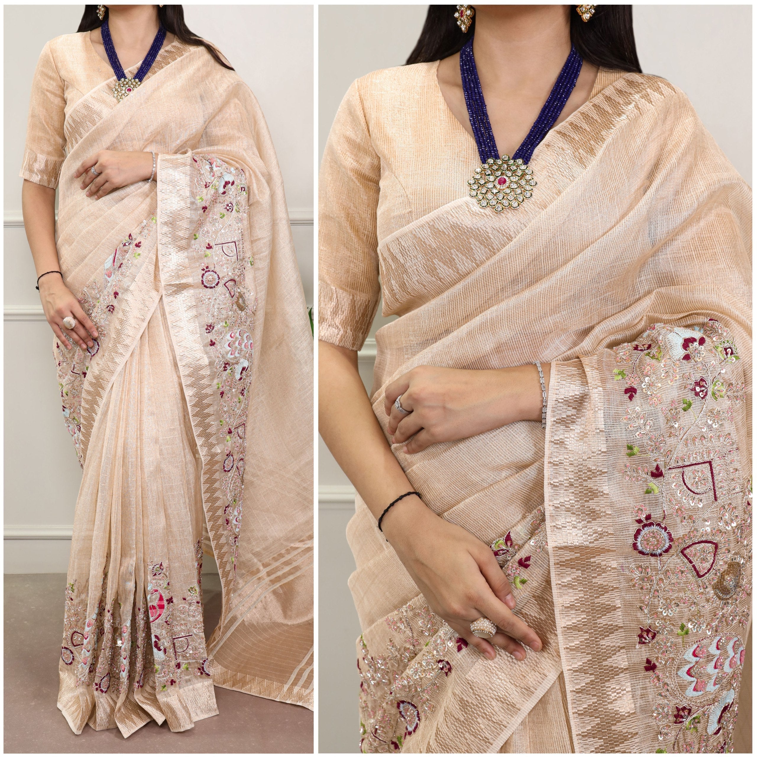Cream Elegant Zari Kota Tissue Saree with Embroidery Beads Work & Zari Weaving Border, Matching Unstitched Blouse – Festive & Traditional Wear