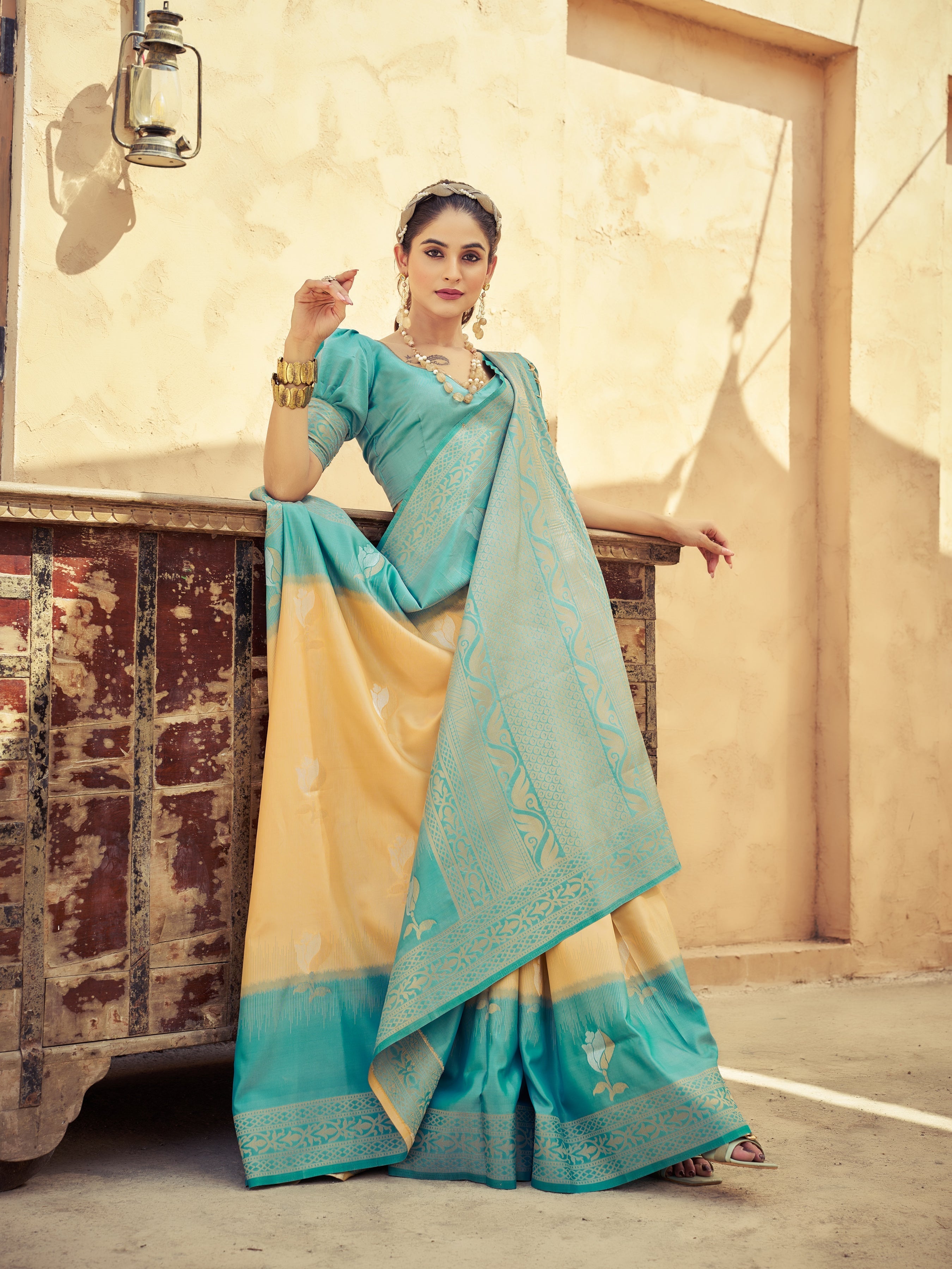Cream Elegant Zari Woven Cotton Slub Saree with Georgette Blouse