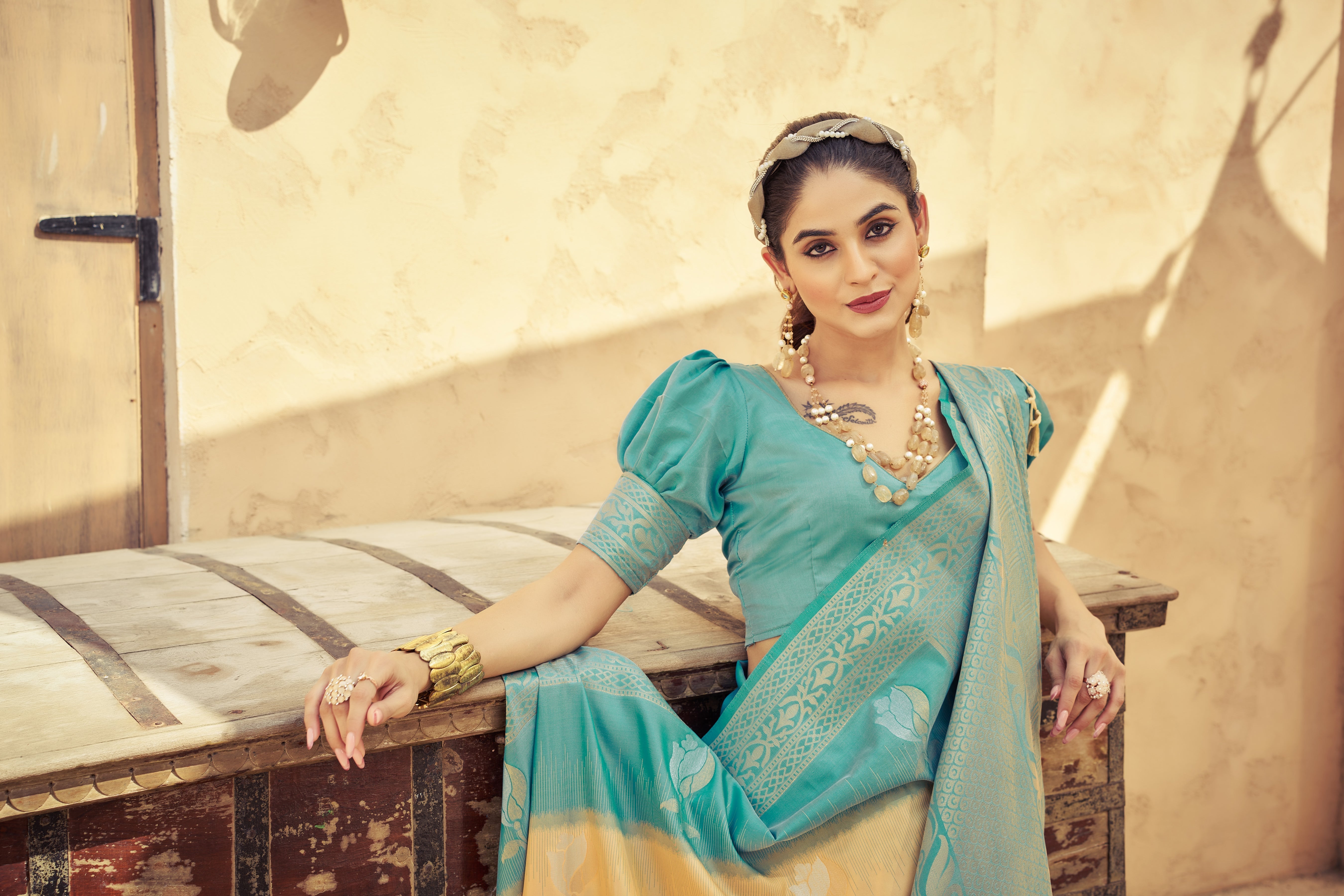 Cream Elegant Zari Woven Cotton Slub Saree with Georgette Blouse