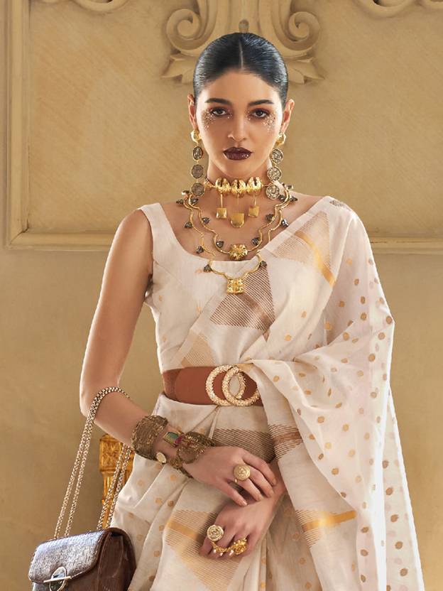 Cream Embroidered Banarasi Tissue Saree with Tassels