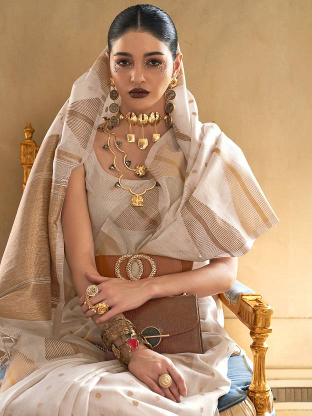 Cream Embroidered Banarasi Tissue Saree with Tassels