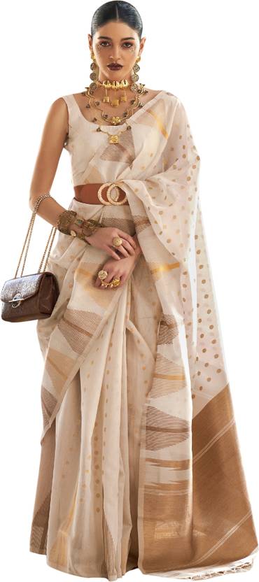 Cream Embroidered Banarasi Tissue Saree with Tassels
