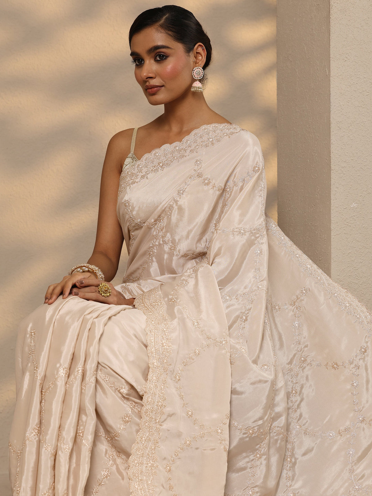 Anouk Cream Embroidered Silk Blend Saree With Unstitched Blouse Piece