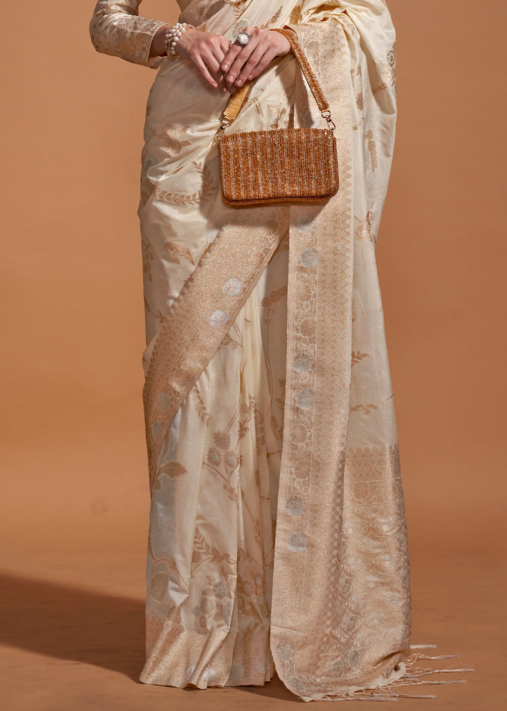 Cream Fairytale Banarasi Georgette Silk Saree with Brocade Blouse – Summer Glam Edition