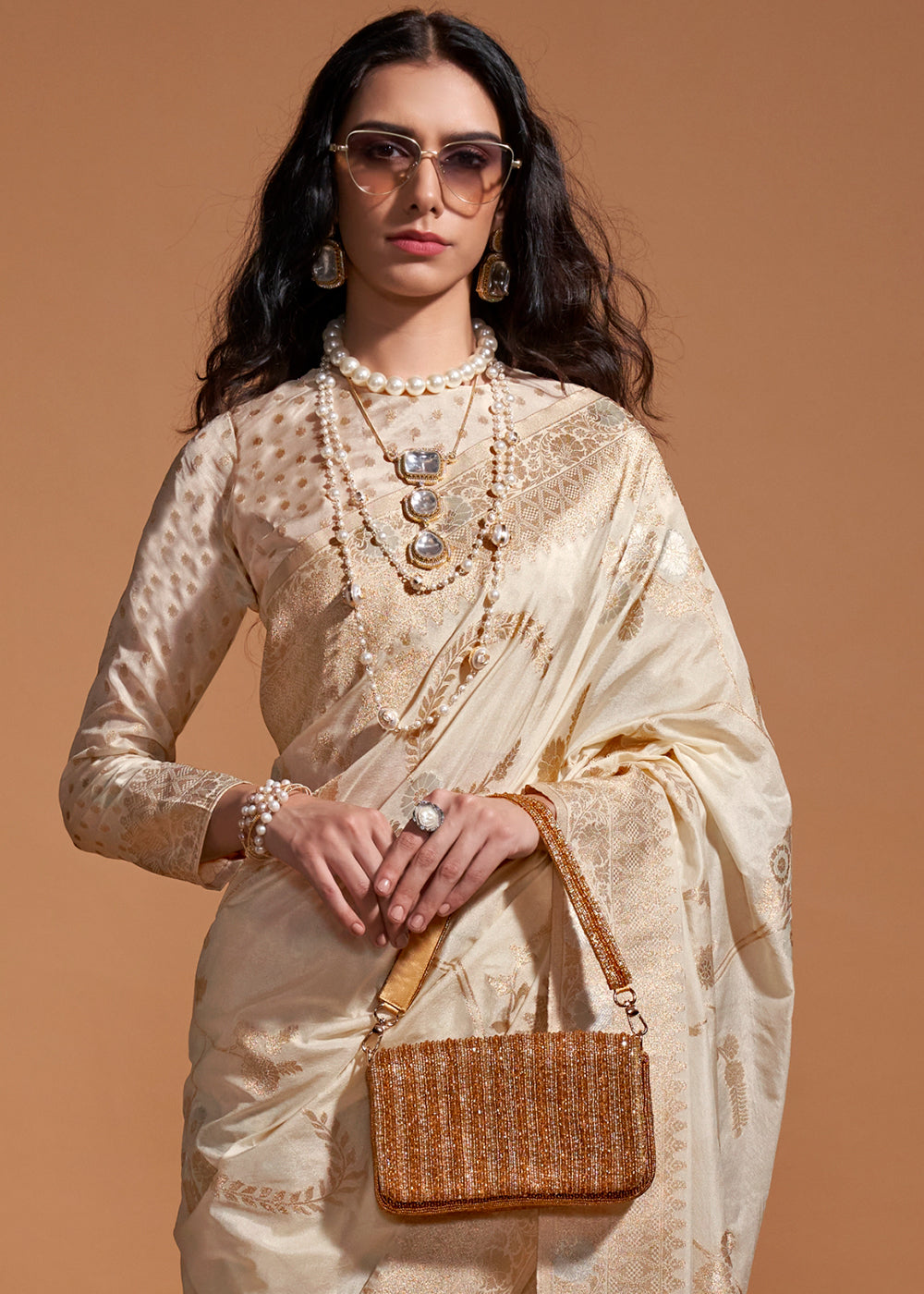 Cream Fairytale Banarasi Georgette Silk Saree with Brocade Blouse – Summer Glam Edition