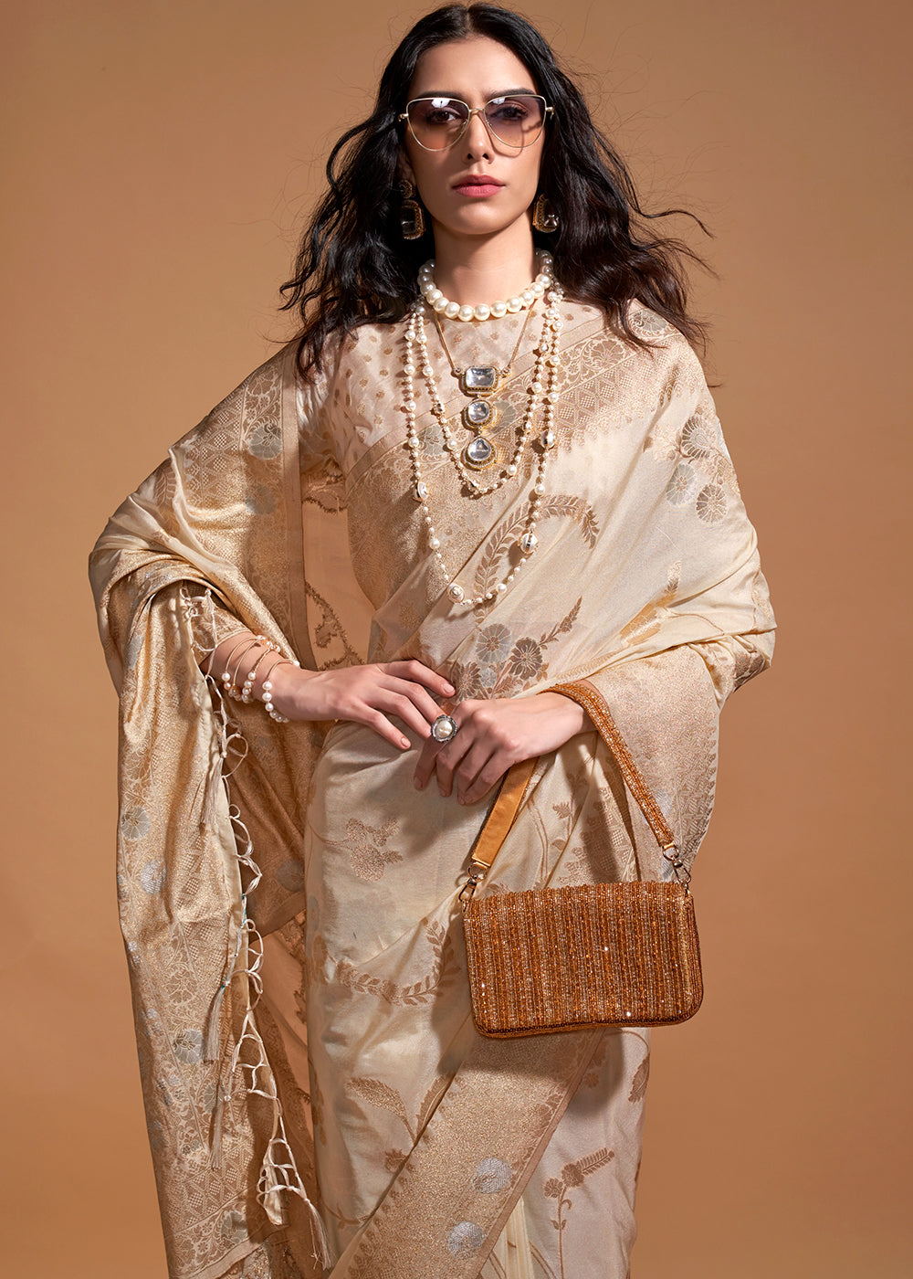 Cream Fairytale Banarasi Georgette Silk Saree with Brocade Blouse – Summer Glam Edition