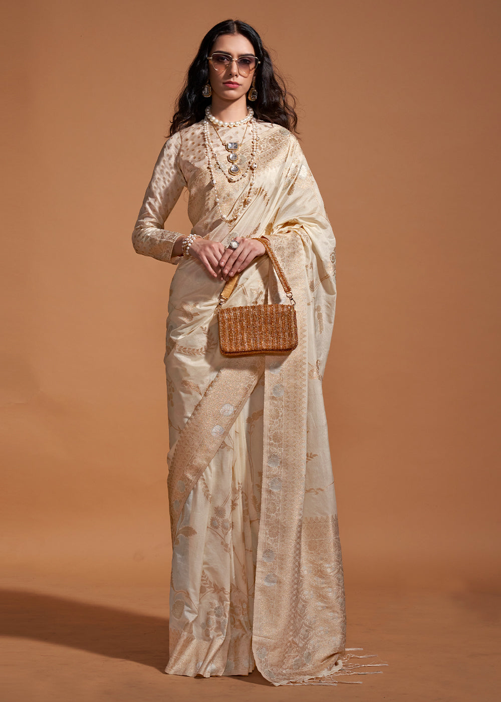 Cream Fairytale Banarasi Georgette Silk Saree with Brocade Blouse – Summer Glam Edition