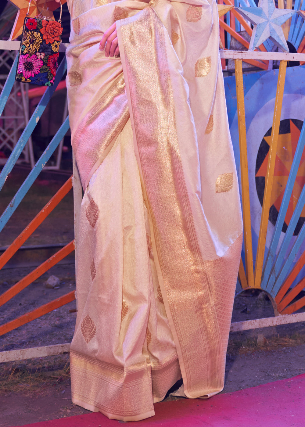 Cream Floral Printed Banarasi Silk Saree with Zari Woven Pallu