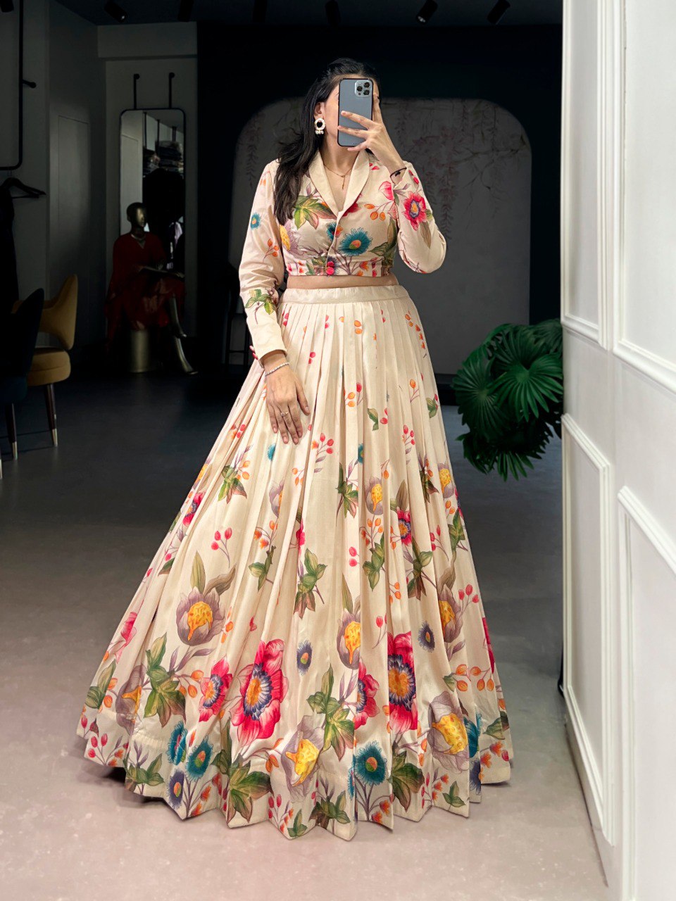 Cream Floral Printed Lehenga Choli