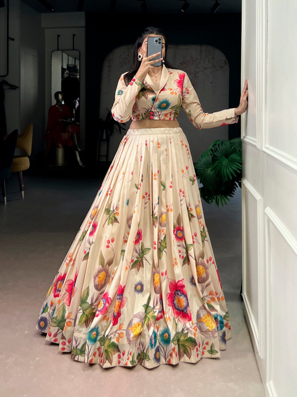 Cream Floral Printed Lehenga Choli
