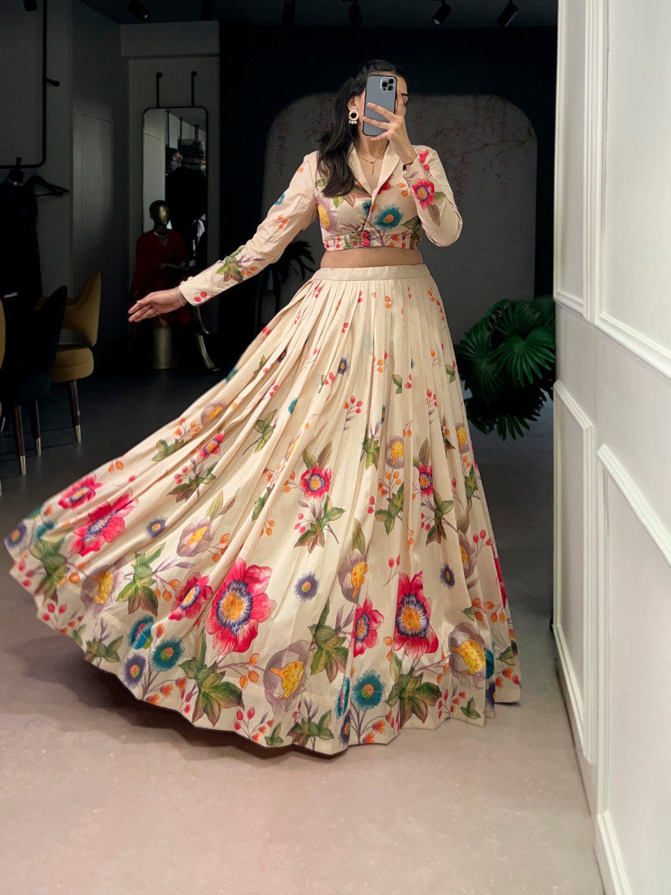 Cream Floral Printed Lehenga Choli