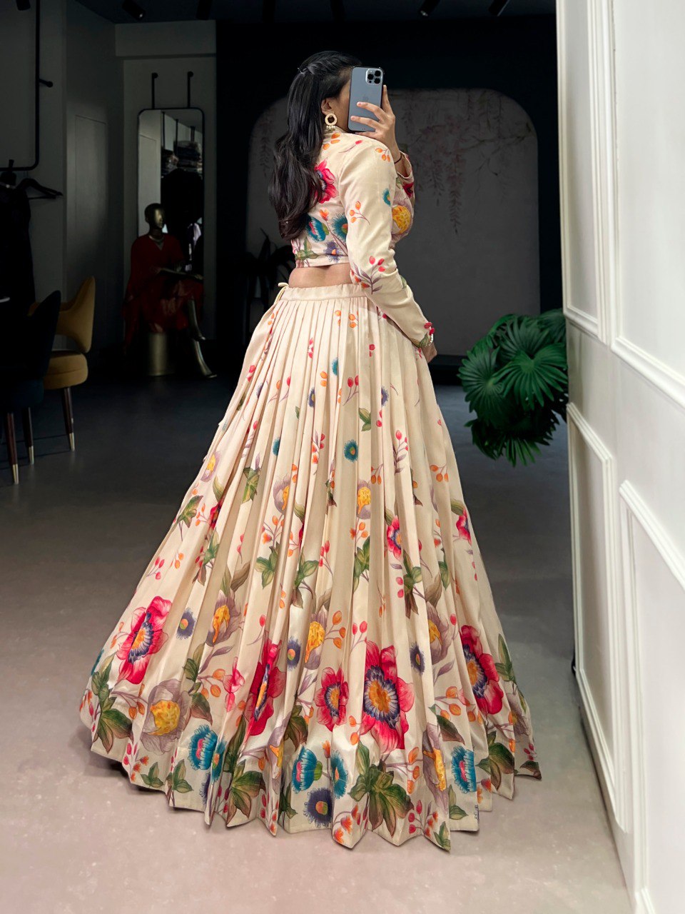 Cream Floral Printed Lehenga Choli