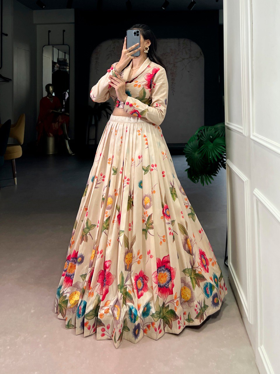 Cream Floral Printed Lehenga Choli