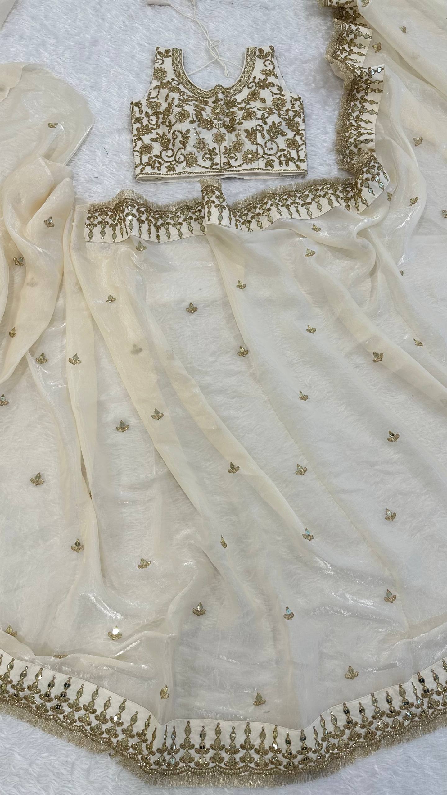 Cream Glass Satin Silk Saree