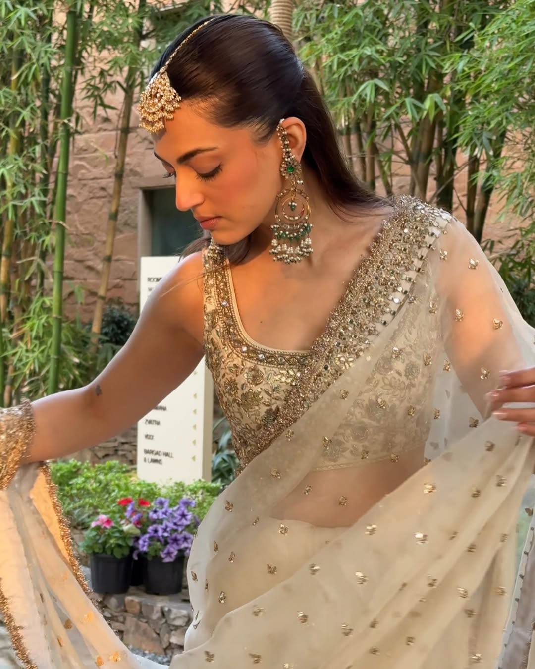 Cream Glass Satin Silk Saree