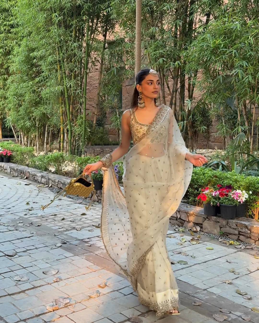 Cream Glass Satin Silk Saree