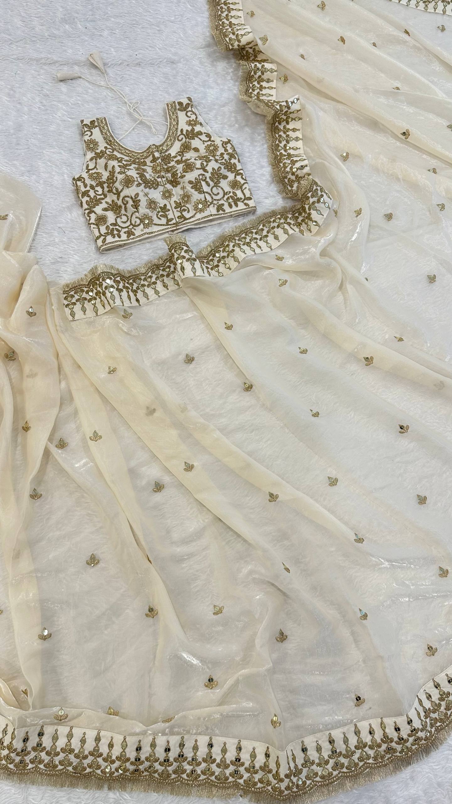 Cream Glass Satin Silk Saree