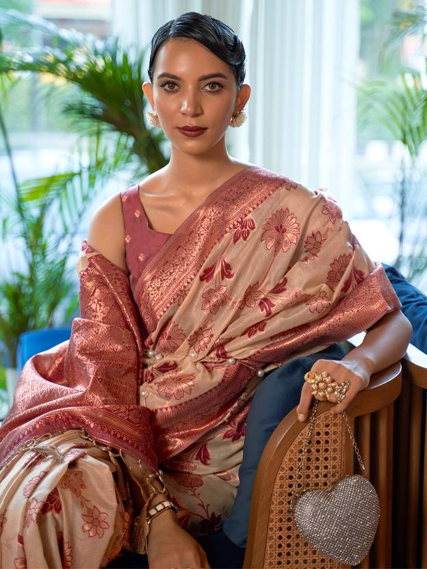 Cream Graceful Bollywood Style Organza Saree with Unstitched Blouse Piece