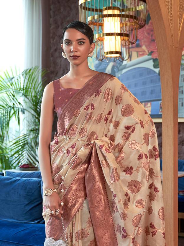 Cream Graceful Bollywood Style Organza Saree with Unstitched Blouse Piece