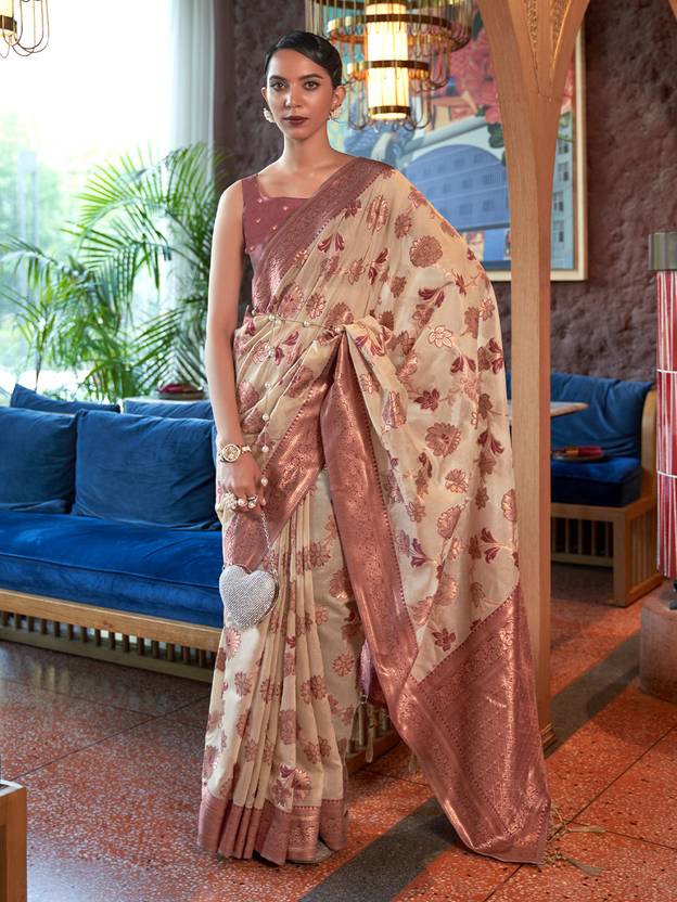 Cream Graceful Bollywood Style Organza Saree with Unstitched Blouse Piece