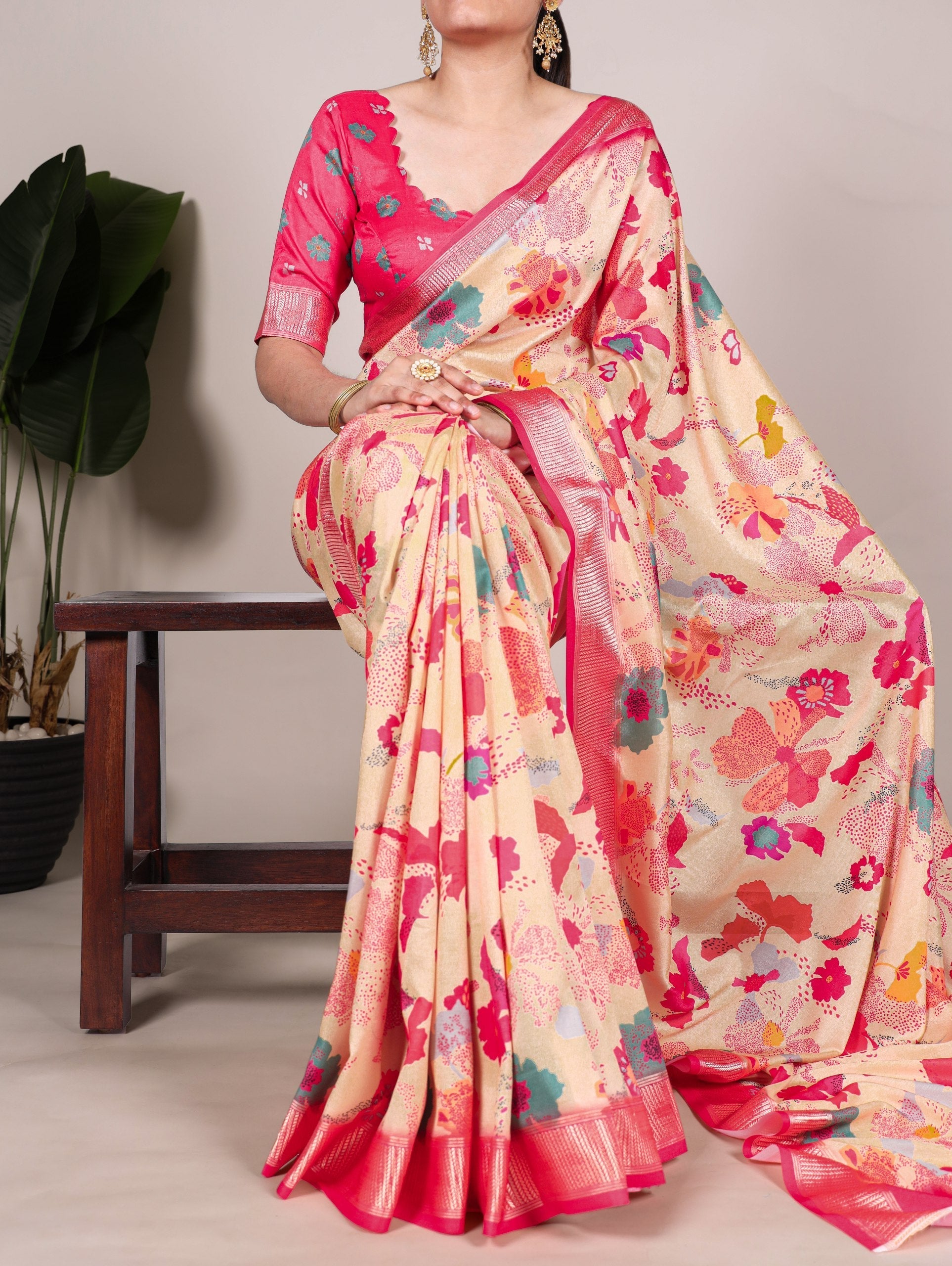 Cream Graceful Tussar Silk Printed Saree with Viscose Border