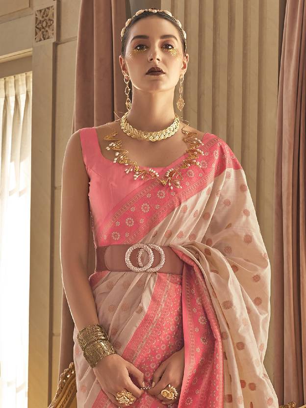 Cream Graceful Woven Banarasi Silk Blend Saree with Tassel Detailing