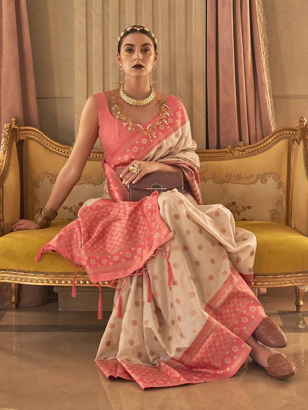 Cream Graceful Woven Banarasi Silk Blend Saree with Tassel Detailing