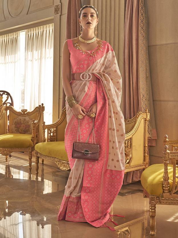 Cream Graceful Woven Banarasi Silk Blend Saree with Tassel Detailing