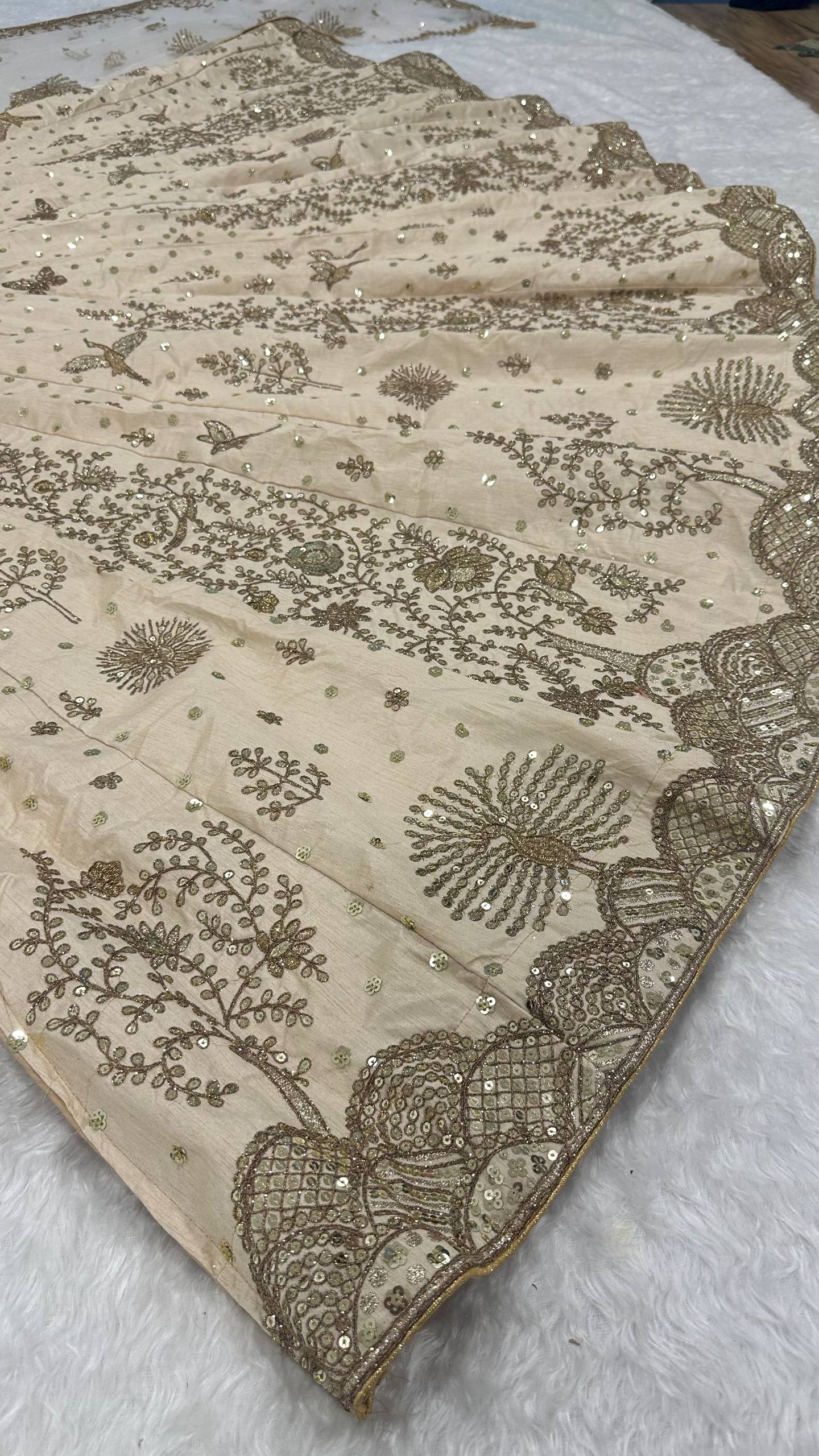 Cream Heavy Slub Silk Lehenga with Sequins, Dori & Zari Work, Matching Blouse & Net Dupatta