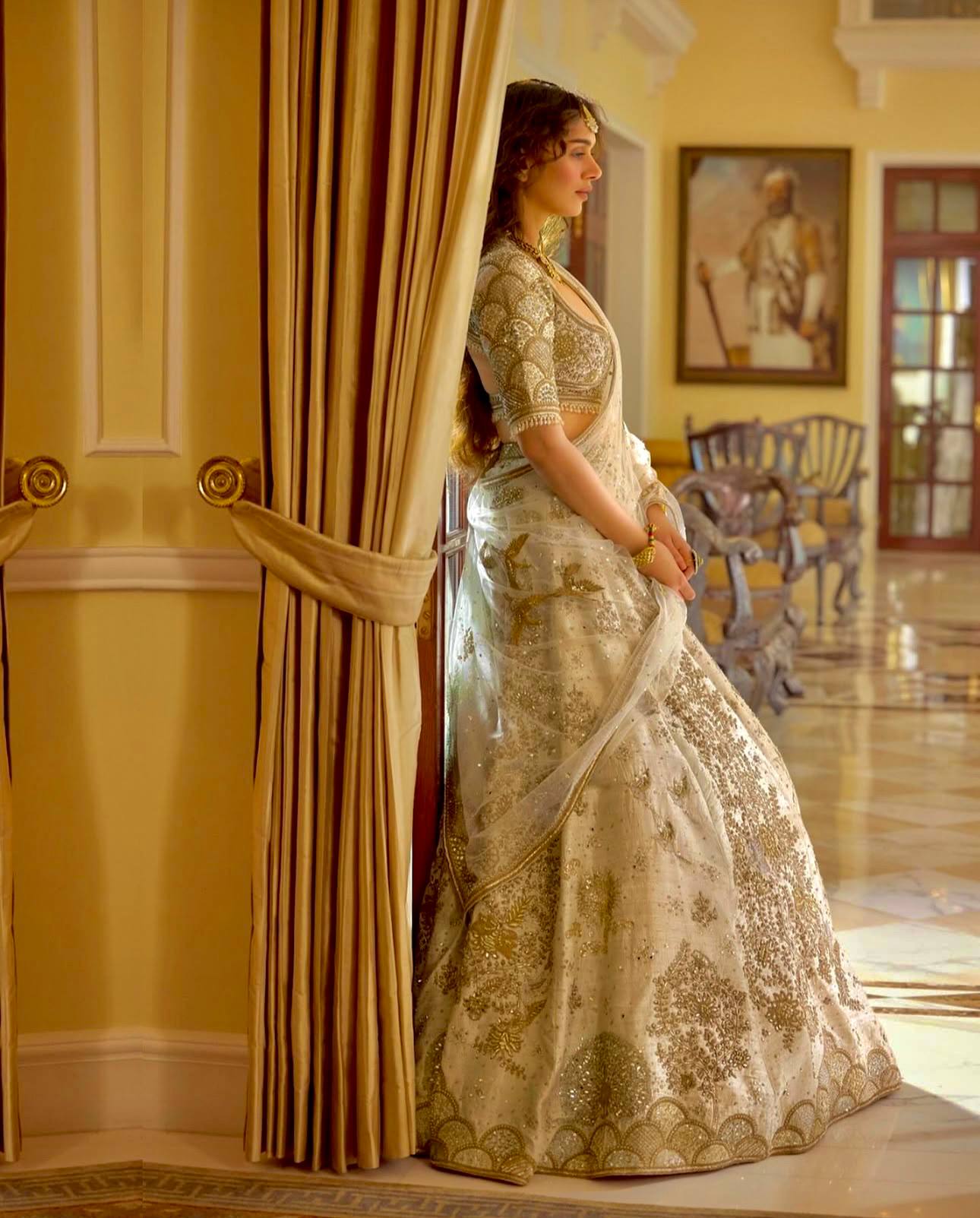 Cream Heavy Slub Silk Lehenga with Sequins, Dori & Zari Work, Matching Blouse & Net Dupatta