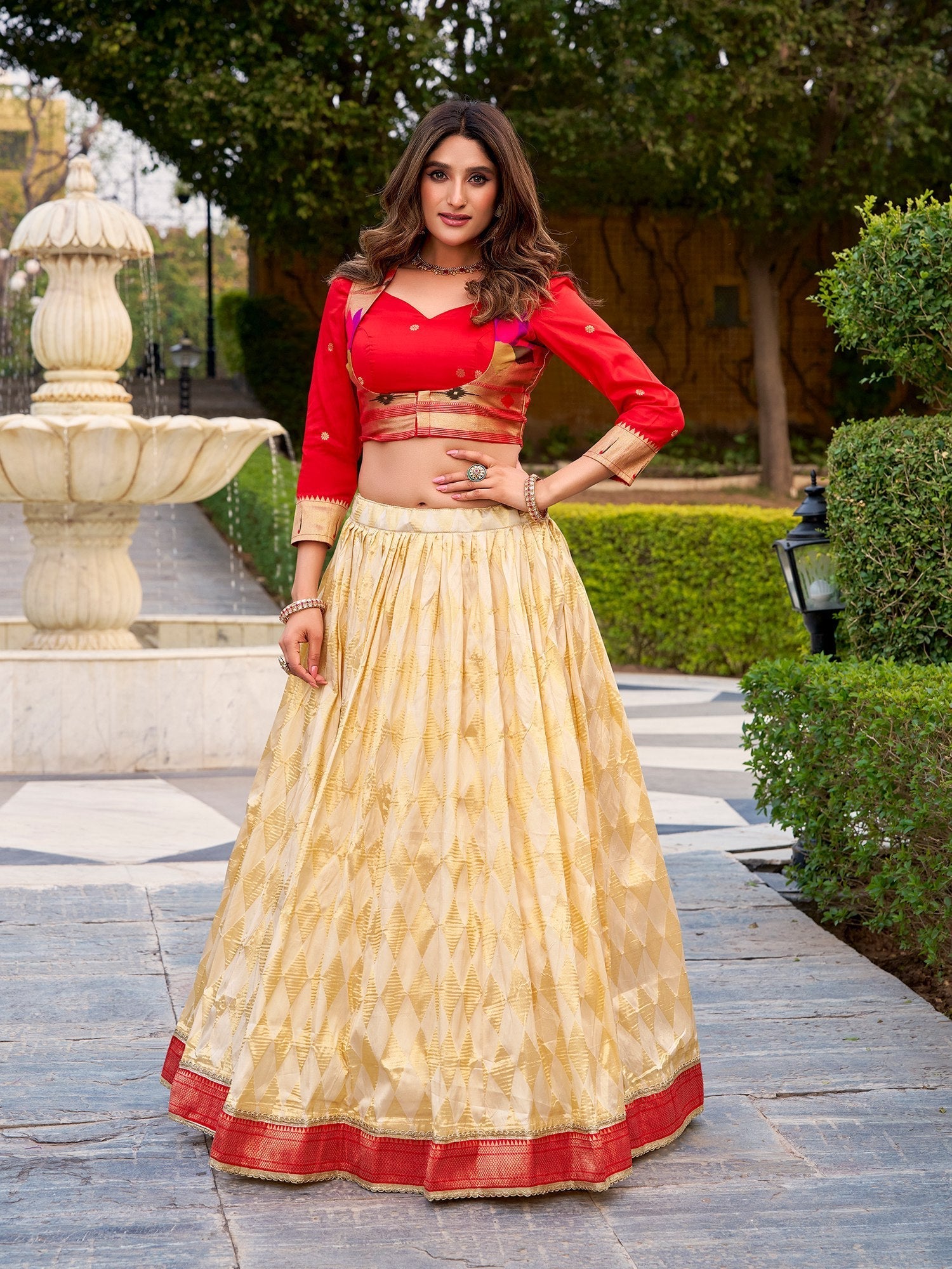 Cream Jacquard Silk Paithani Lehenga Set
