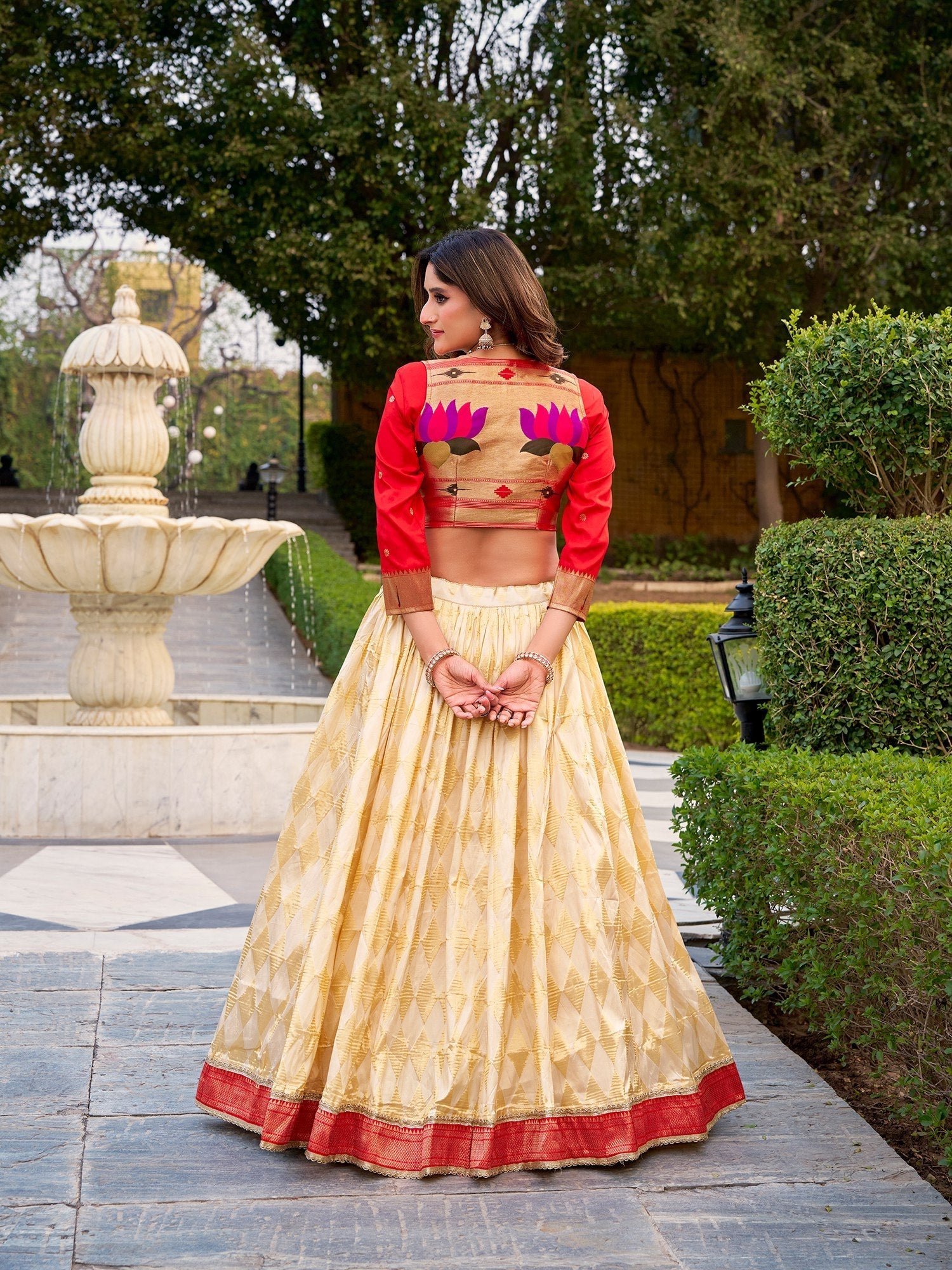 Cream Jacquard Silk Paithani Lehenga Set