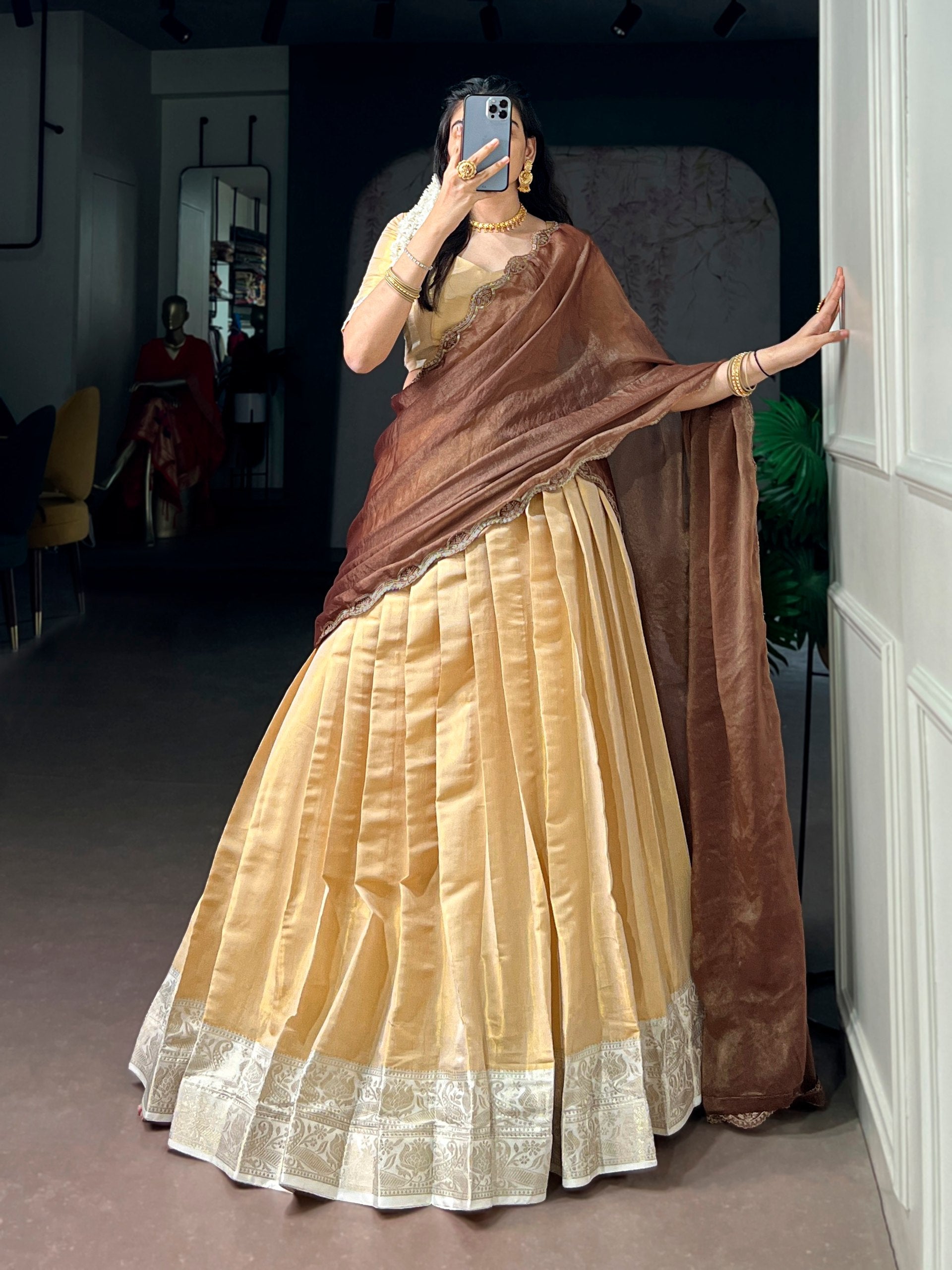 Cream Kanchipuram Zari Lehenga Choli