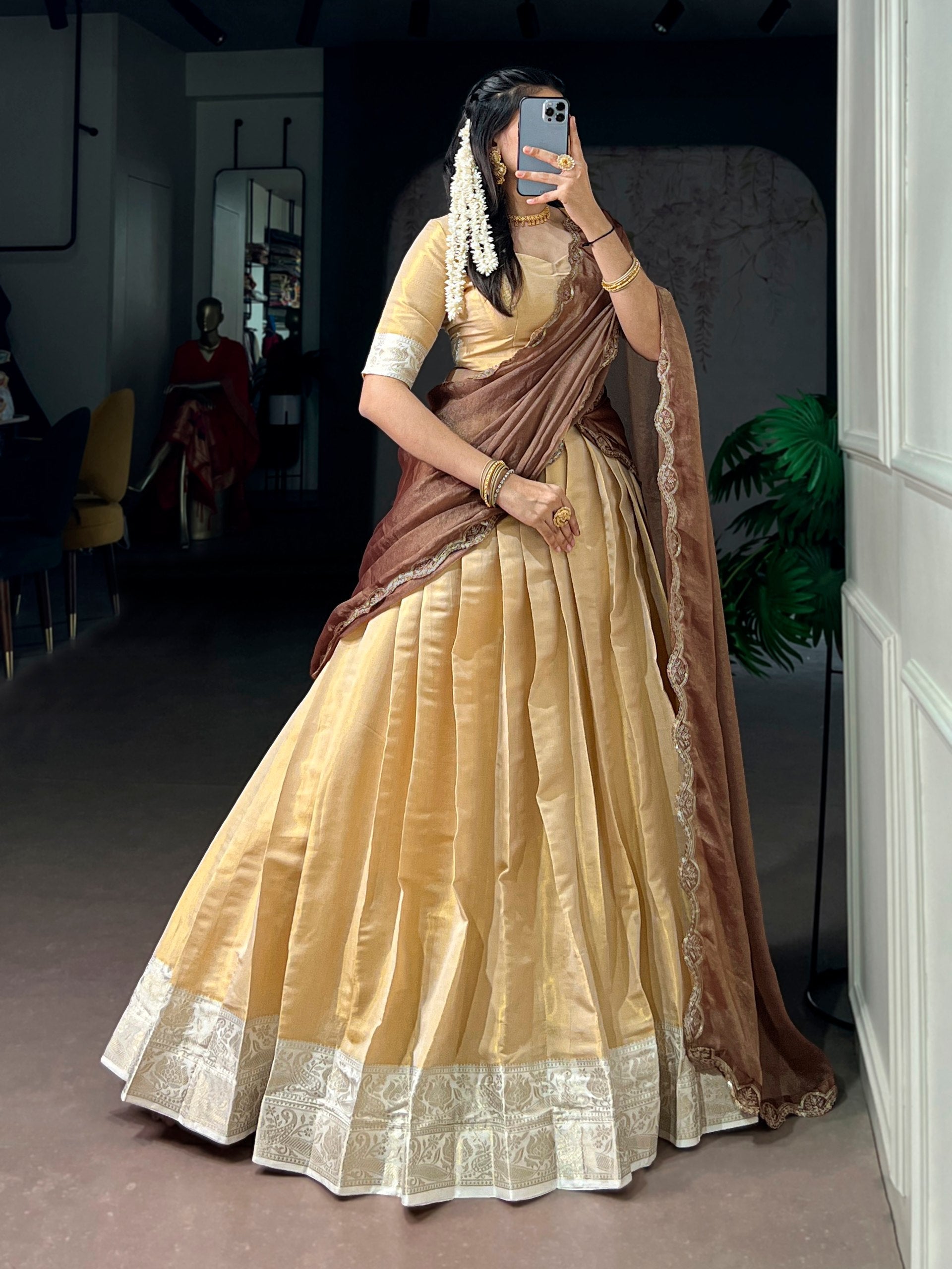 Cream Kanchipuram Zari Lehenga Choli