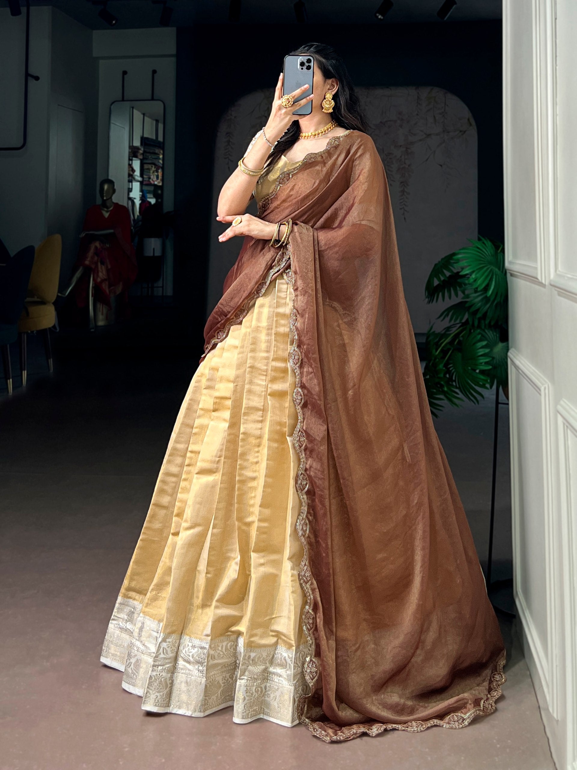 Cream Kanchipuram Zari Lehenga Choli