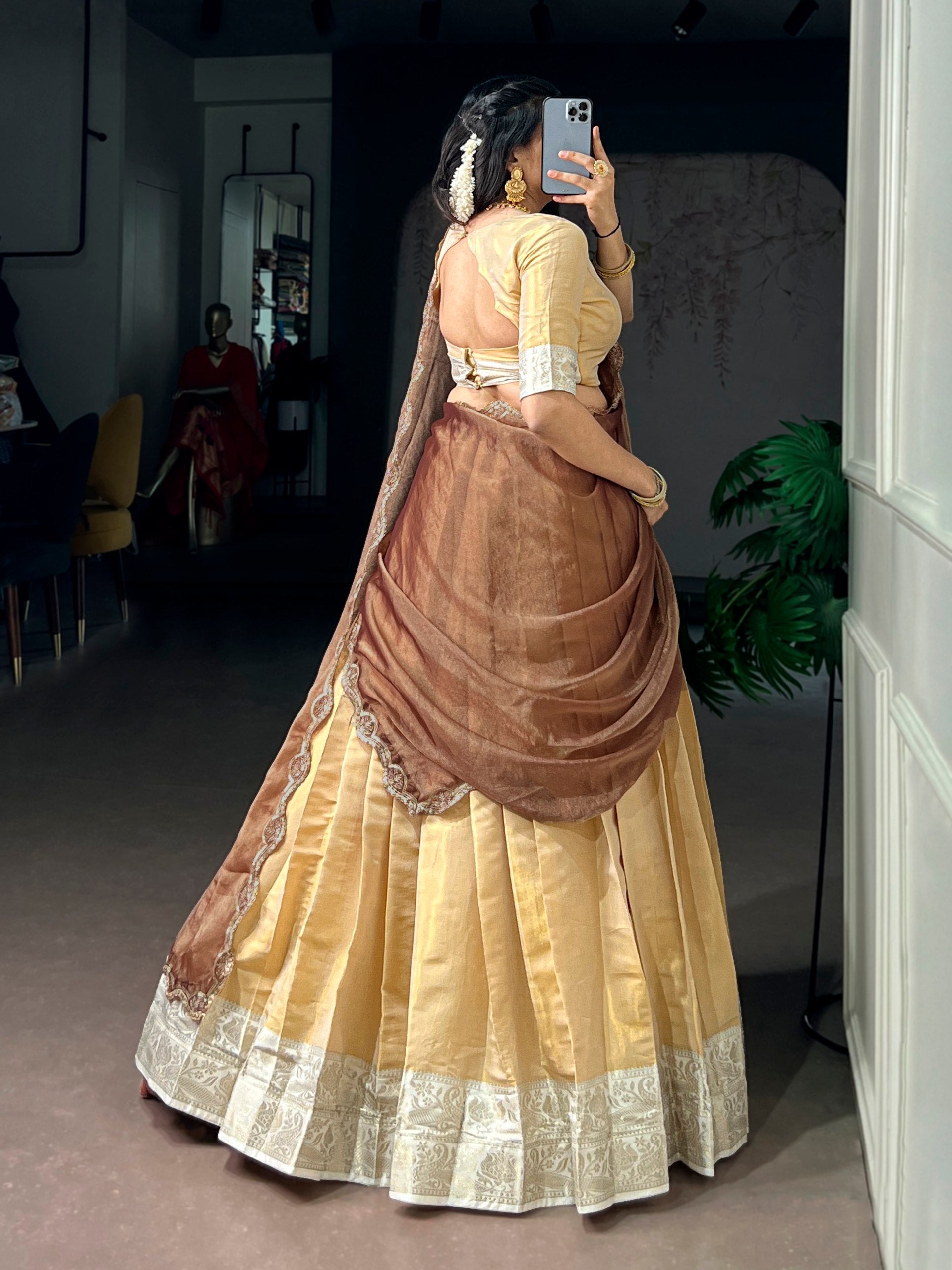 Cream Kanchipuram Zari Lehenga Choli