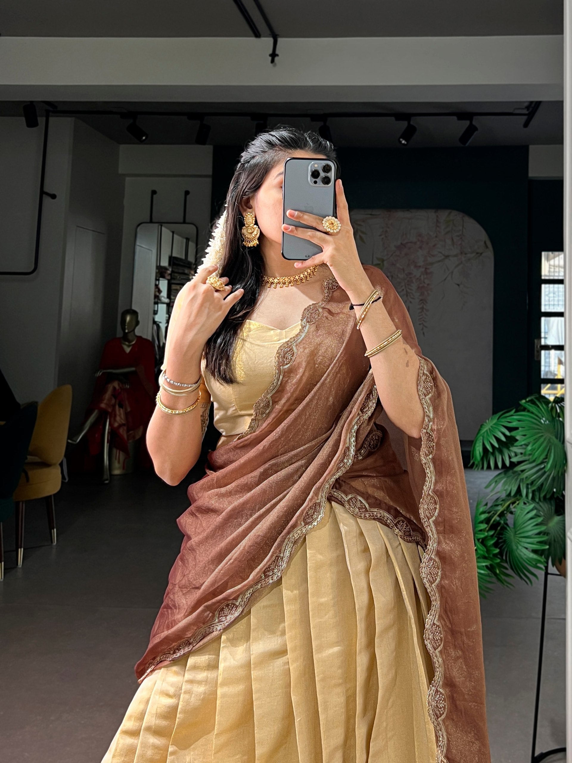 Cream Kanchipuram Zari Lehenga Choli