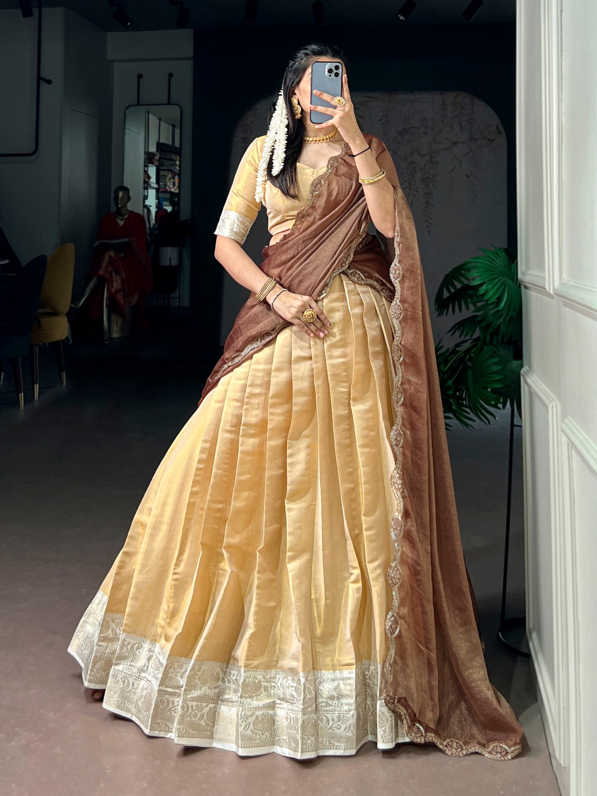 Cream Kanchipuram Zari Lehenga Choli