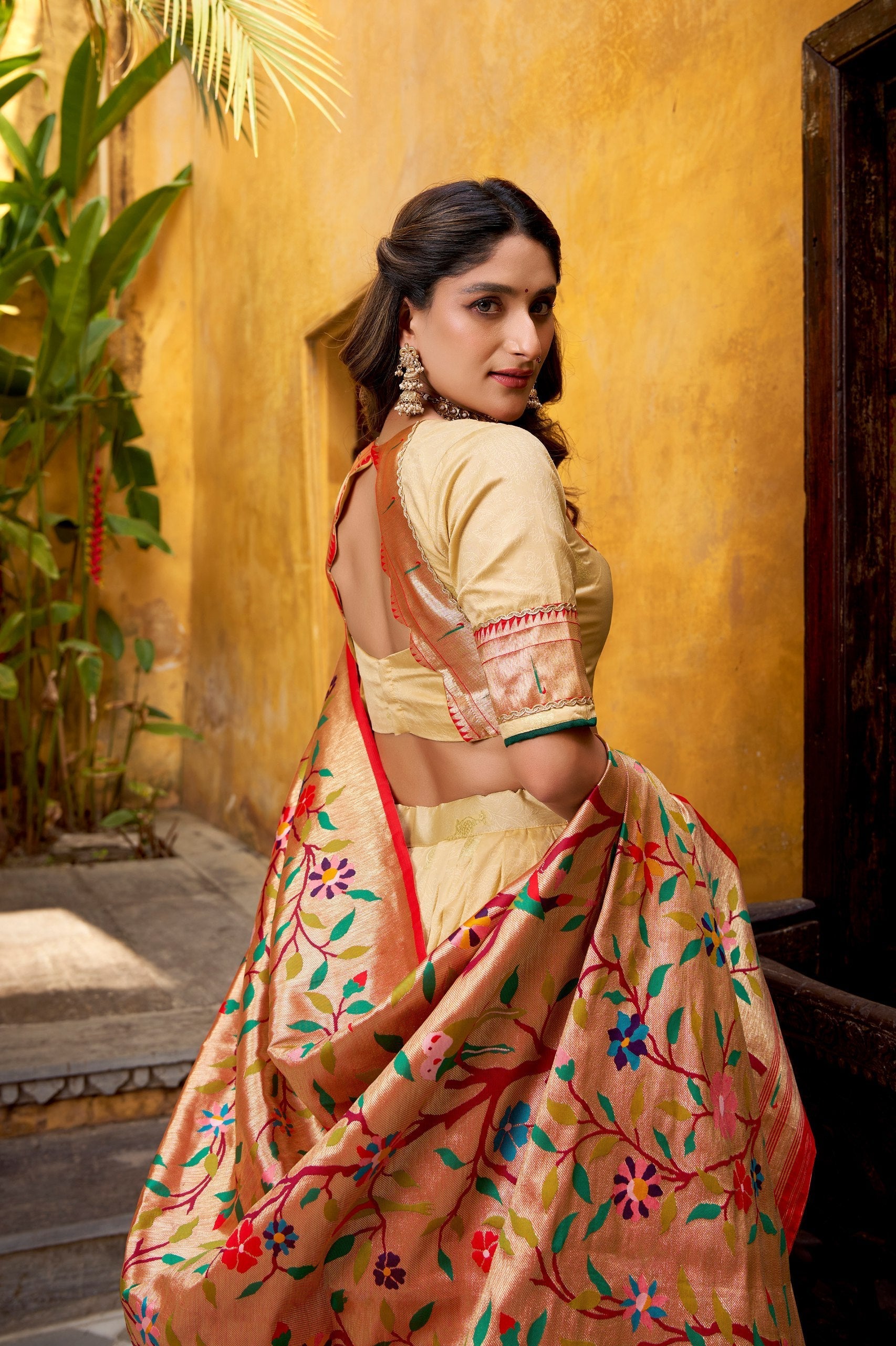 Cream Paithani  Lehenga Set with Batwa